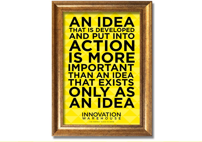 Framed print titled 'An Idea Put Into Action', showcasing vibrant colors and artistic design, available in various frame colors.