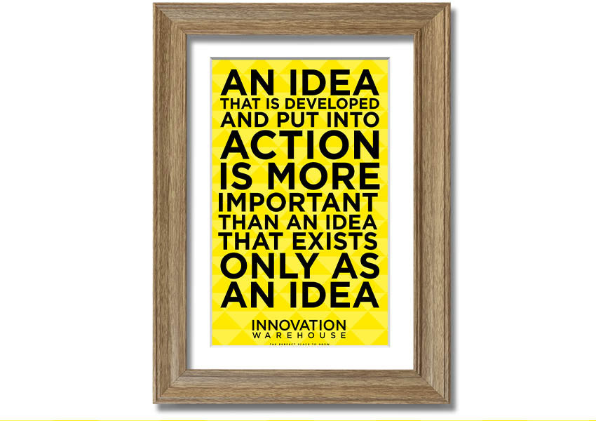 Framed print titled 'An Idea Put Into Action', showcasing vibrant colors and artistic design, available in various frame colors.