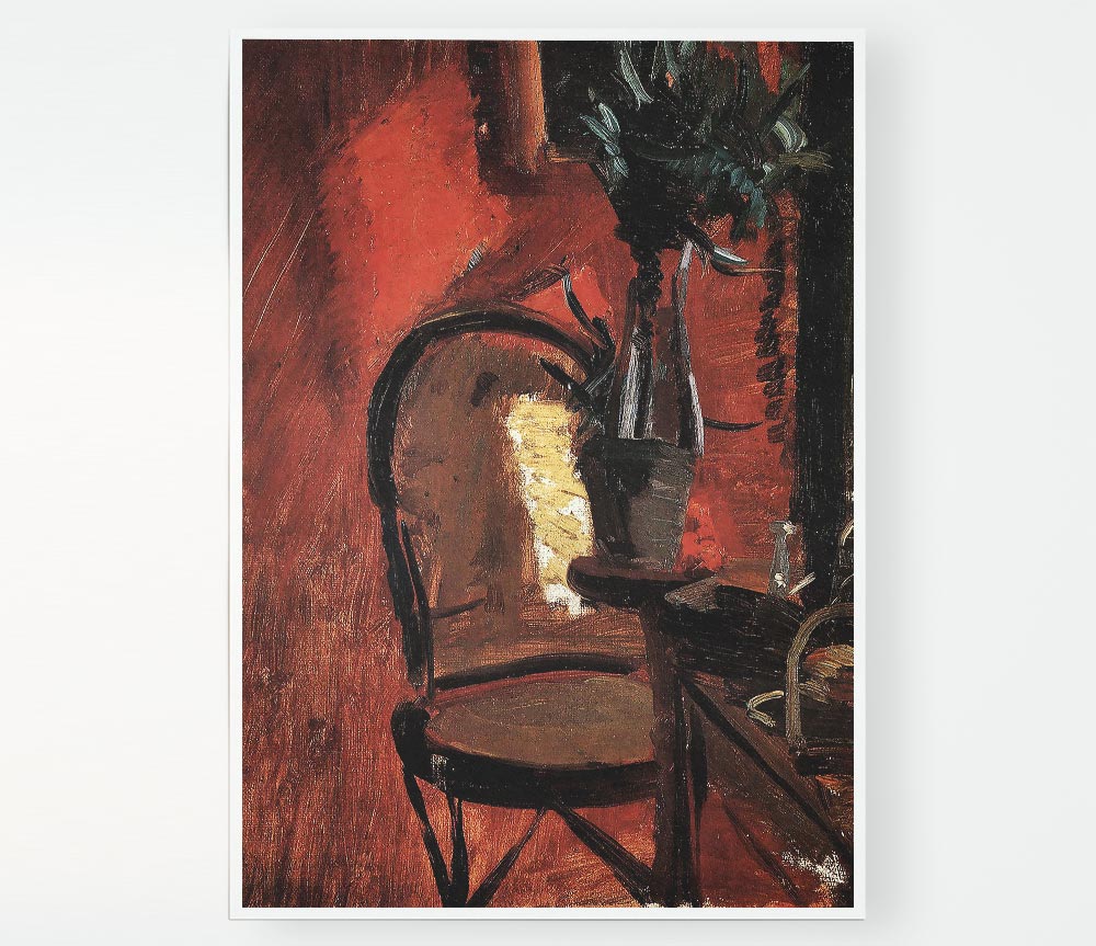 Anna Ancher Chair poster featuring a lush plant in front of a vibrant red wall, printed on high-quality canvas.