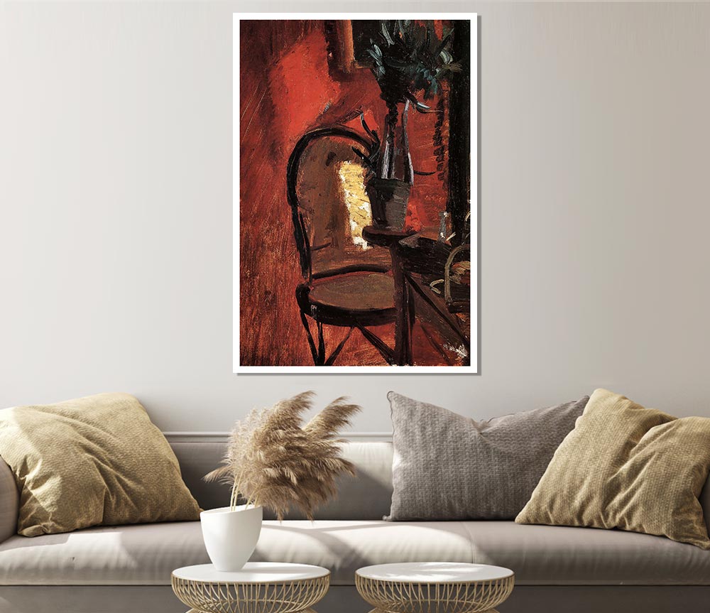 Anna Ancher Chair poster featuring a lush plant in front of a vibrant red wall, printed on high-quality canvas.