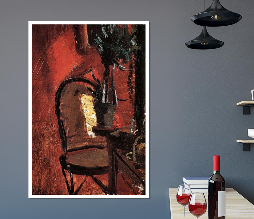 Anna Ancher Chair poster featuring a lush plant in front of a vibrant red wall, printed on high-quality canvas.