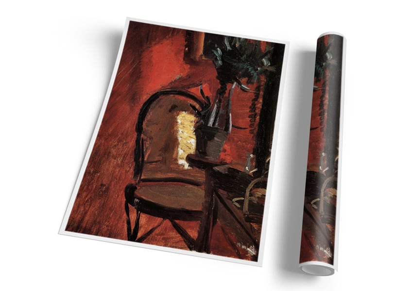 Anna Ancher Chair poster featuring a lush plant in front of a vibrant red wall, printed on high-quality canvas.