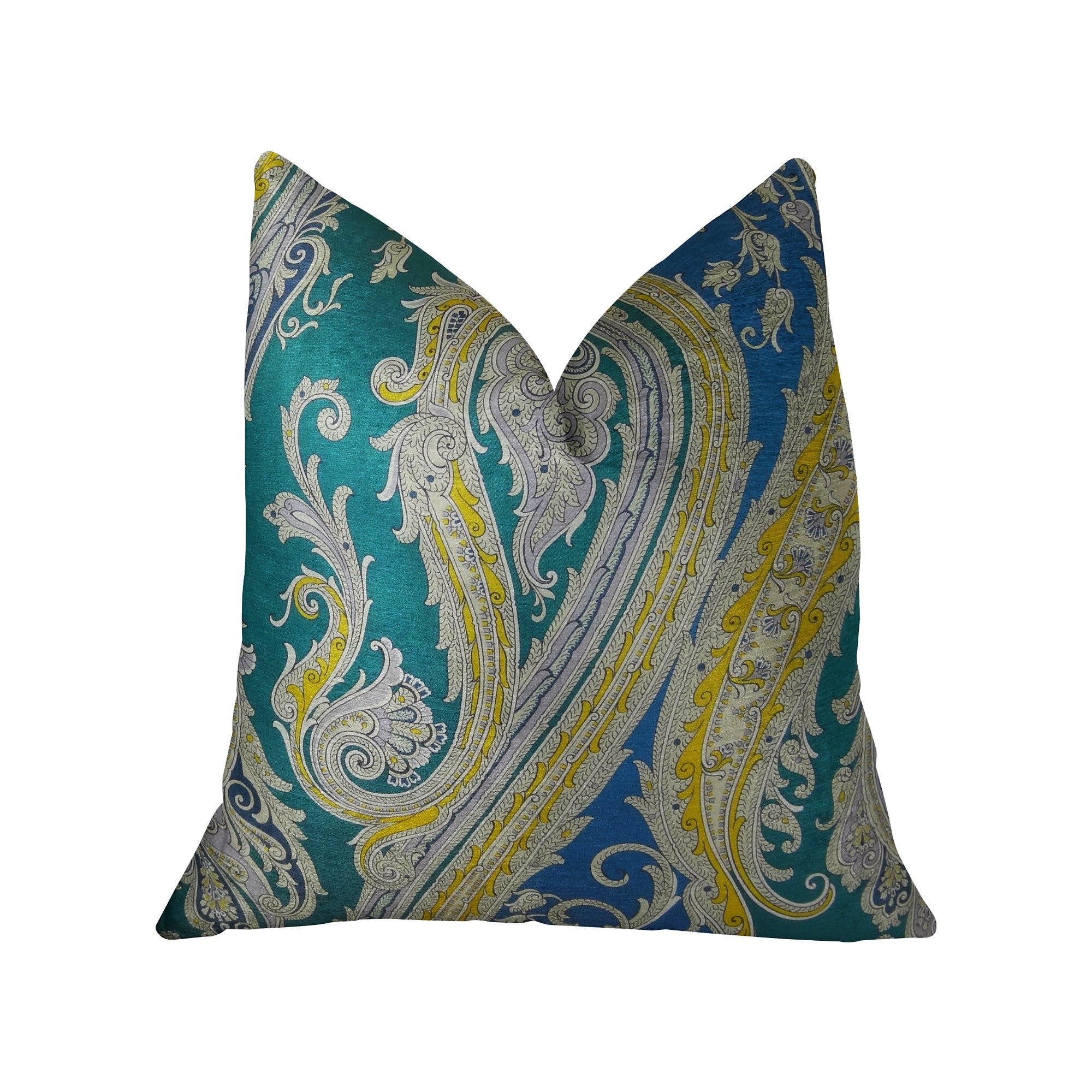 Annalise Blue Yellow and Green Handmade Luxury Pillow featuring a vibrant paisley pattern, crafted from 100% cotton with a double-sided design.