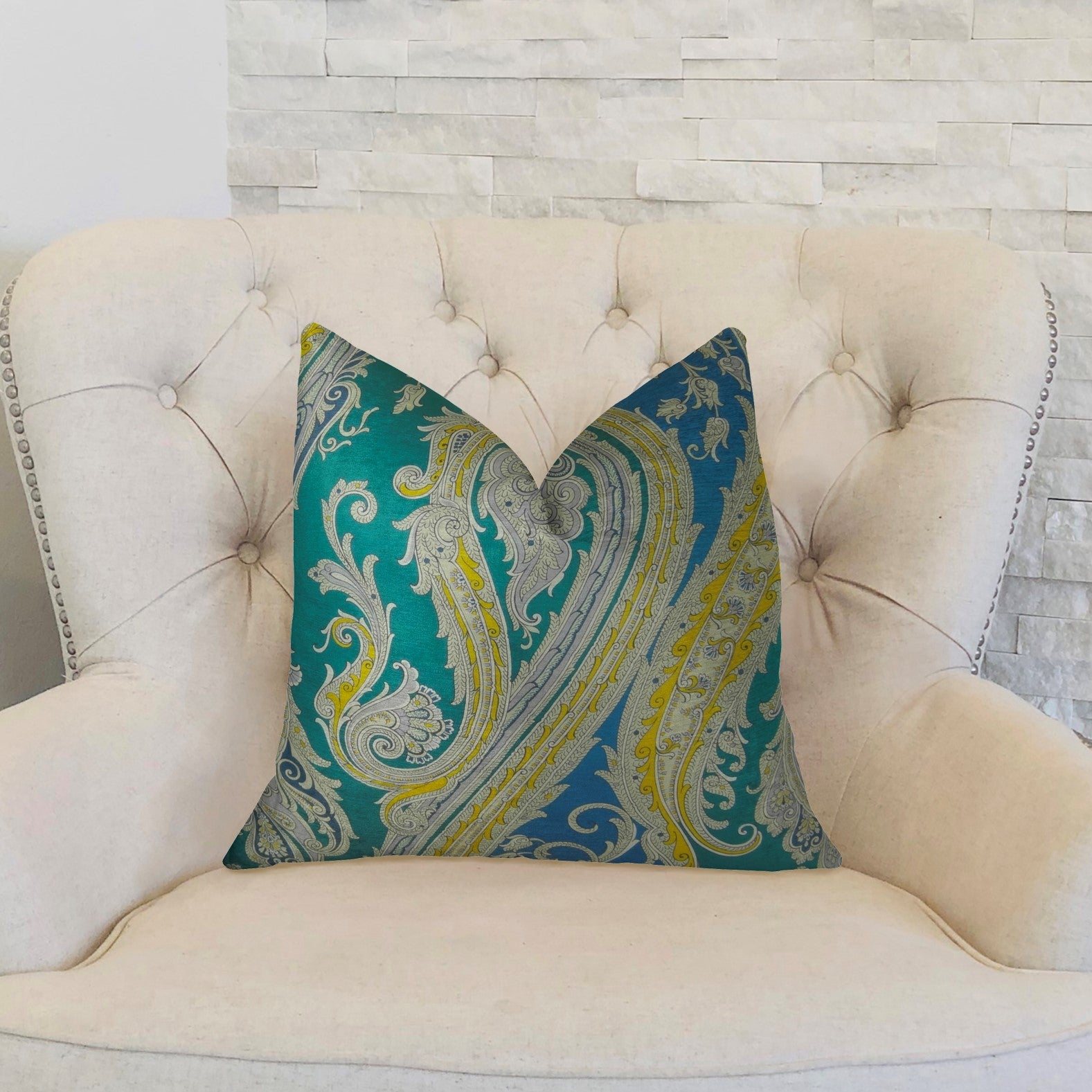 Annalise Blue Yellow and Green Handmade Luxury Pillow featuring a vibrant paisley pattern, crafted from 100% cotton with a double-sided design.