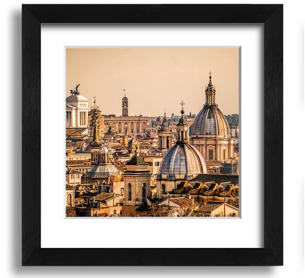 A beautifully framed print of ancient buildings at sunset, showcasing warm colors and intricate details.