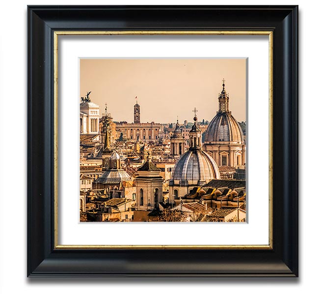 A beautifully framed print of ancient buildings at sunset, showcasing warm colors and intricate details.