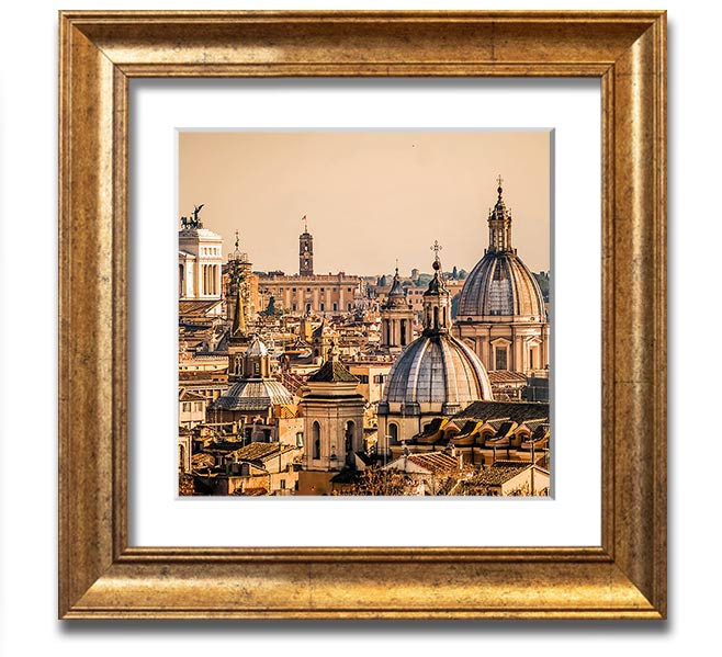 A beautifully framed print of ancient buildings at sunset, showcasing warm colors and intricate details.