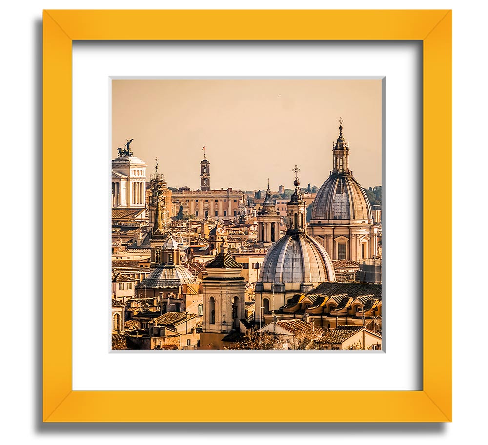 A beautifully framed print of ancient buildings at sunset, showcasing warm colors and intricate details.