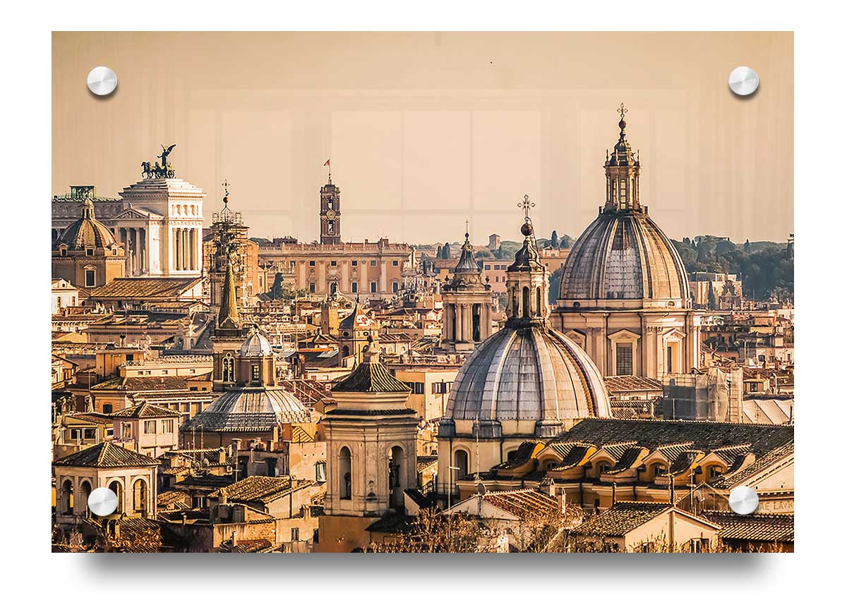 Acrylic print of ancient buildings at sunset, showcasing vibrant colors and intricate details.