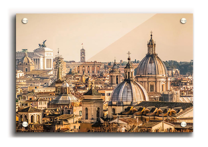 Acrylic print of ancient buildings at sunset, showcasing vibrant colors and intricate details.