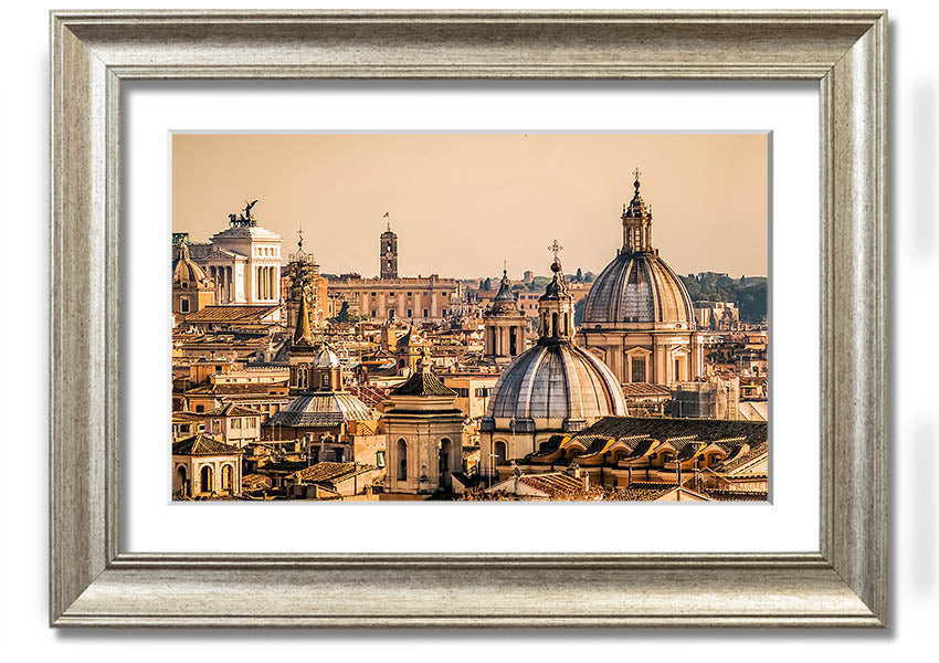 Framed print of ancient buildings at sunset, showcasing vibrant colors and intricate details.