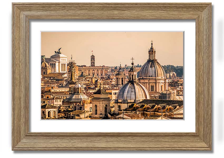 Framed print of ancient buildings at sunset, showcasing vibrant colors and intricate details.