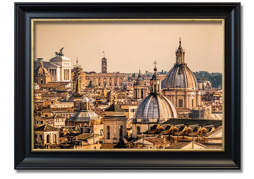 Framed print of ancient buildings at sunset, showcasing vibrant colors and intricate details.