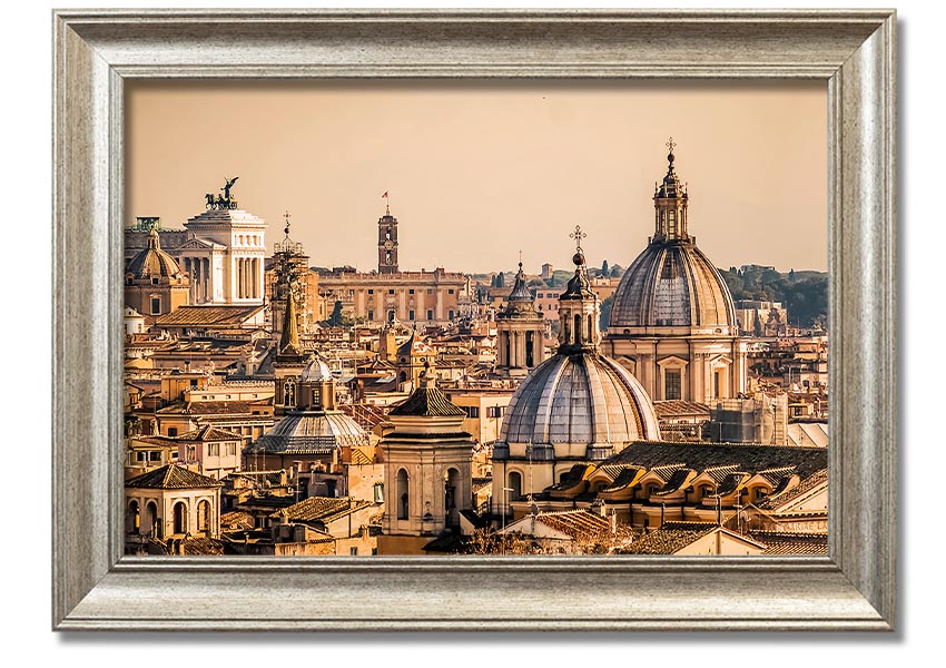 Framed print of ancient buildings at sunset, showcasing vibrant colors and intricate details.