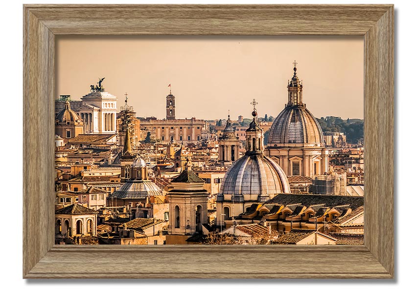 Framed print of ancient buildings at sunset, showcasing vibrant colors and intricate details.