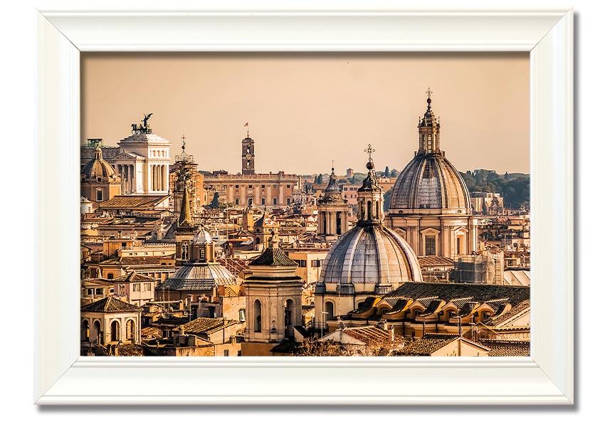 Framed print of ancient buildings at sunset, showcasing vibrant colors and intricate details.