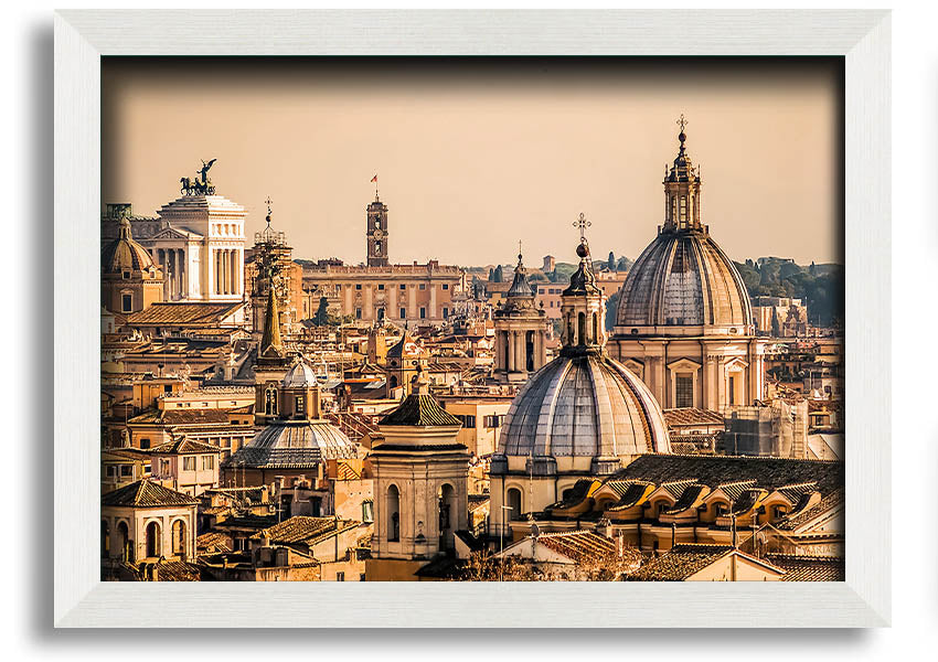 Framed print of ancient buildings at sunset, showcasing vibrant colors and intricate details.