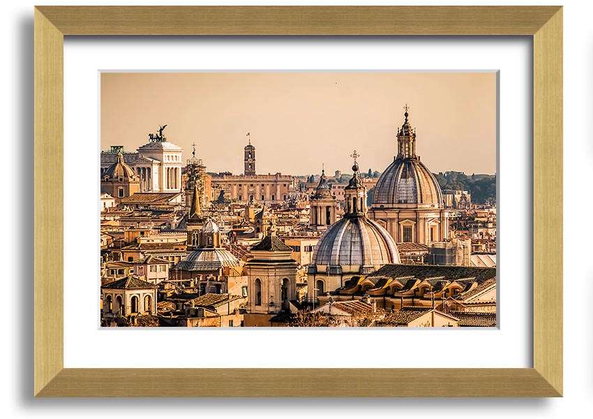 Framed print of ancient buildings at sunset, showcasing vibrant colors and intricate details.