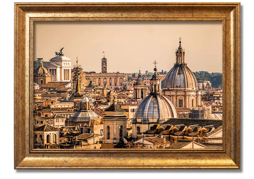 Framed print of ancient buildings at sunset, showcasing vibrant colors and intricate details.