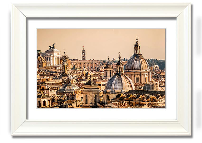 Framed print of ancient buildings at sunset, showcasing vibrant colors and intricate details.