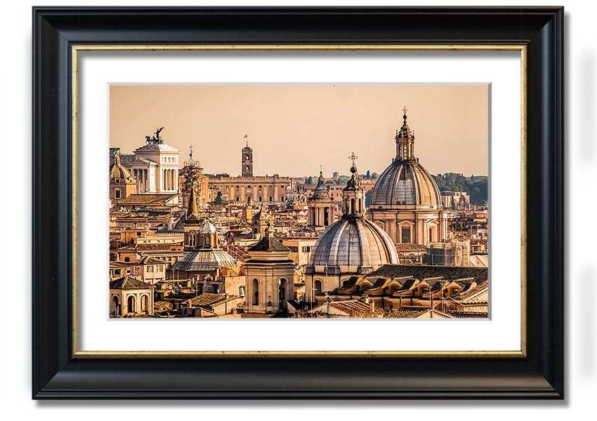 Framed print of ancient buildings at sunset, showcasing vibrant colors and intricate details.