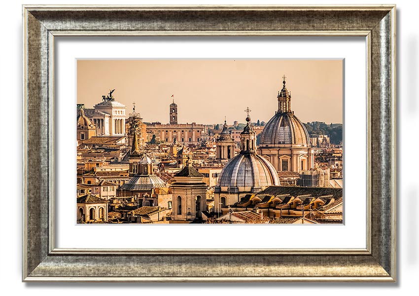 Framed print of ancient buildings at sunset, showcasing vibrant colors and intricate details.