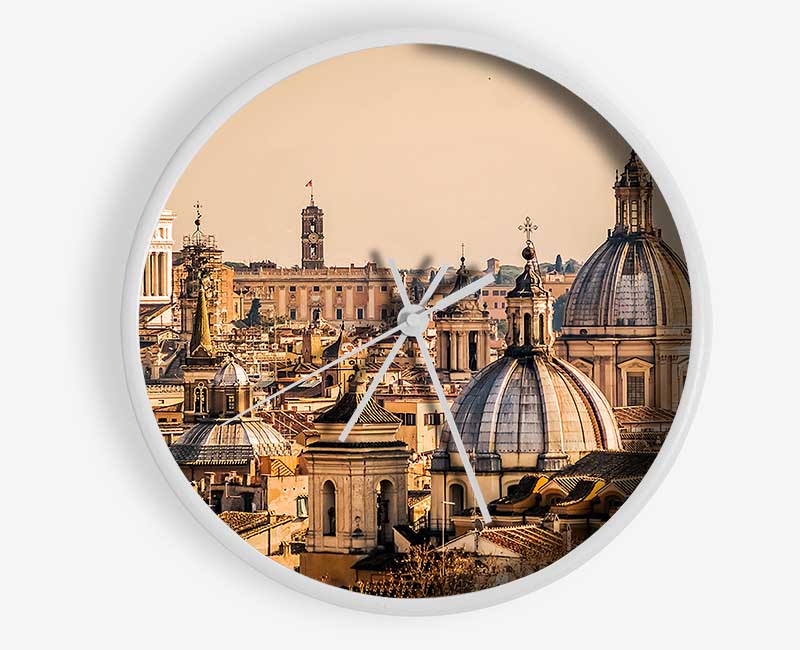 A stylish bamboo clock featuring ancient buildings at sunset, showcasing a round face with a clear Plexiglas lens.