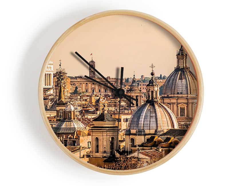 A stylish bamboo clock featuring ancient buildings at sunset, showcasing a round face with a clear Plexiglas lens.