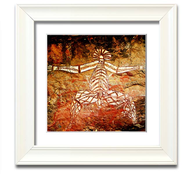 A beautifully framed print of Ancient Cave Art showcasing intricate designs and colors, ready to hang on a wall.