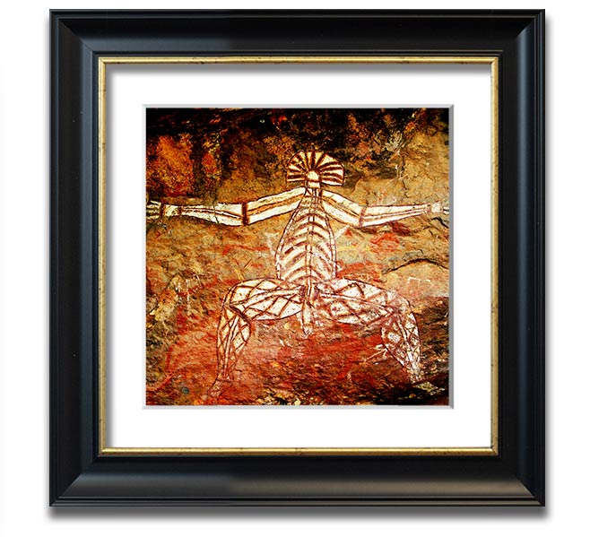 A beautifully framed print of Ancient Cave Art showcasing intricate designs and colors, ready to hang on a wall.