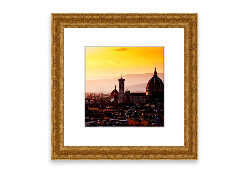 Framed print of Ancient City Rooftops showcasing intricate architecture, available in various frame colors.