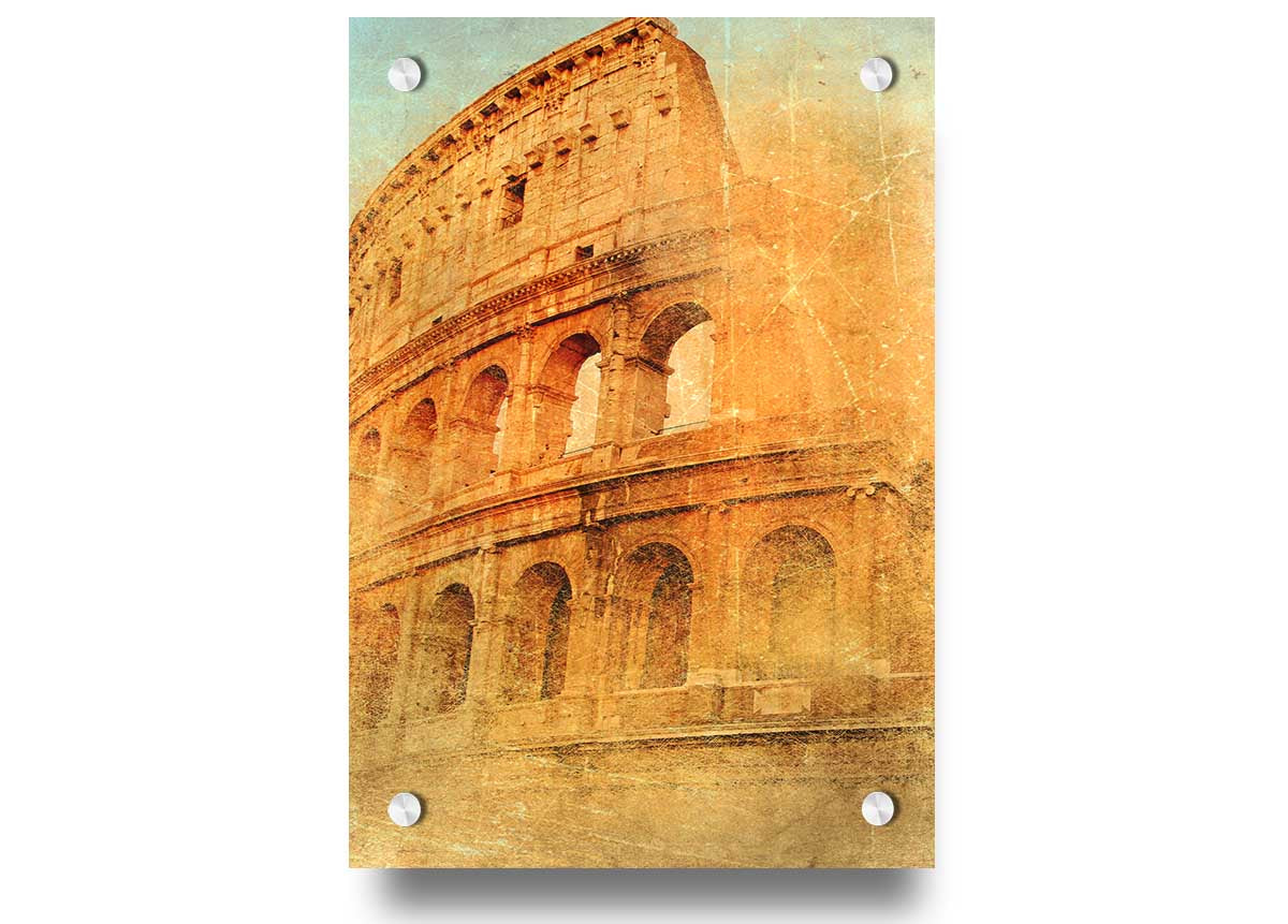 Acrylic print of the Ancient Colosseum, showcasing vibrant colors and intricate details on 5mm thick glass.