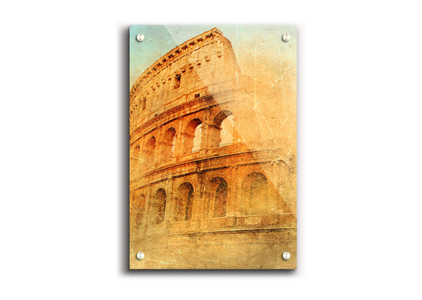 Acrylic print of the Ancient Colosseum, showcasing vibrant colors and intricate details on 5mm thick glass.