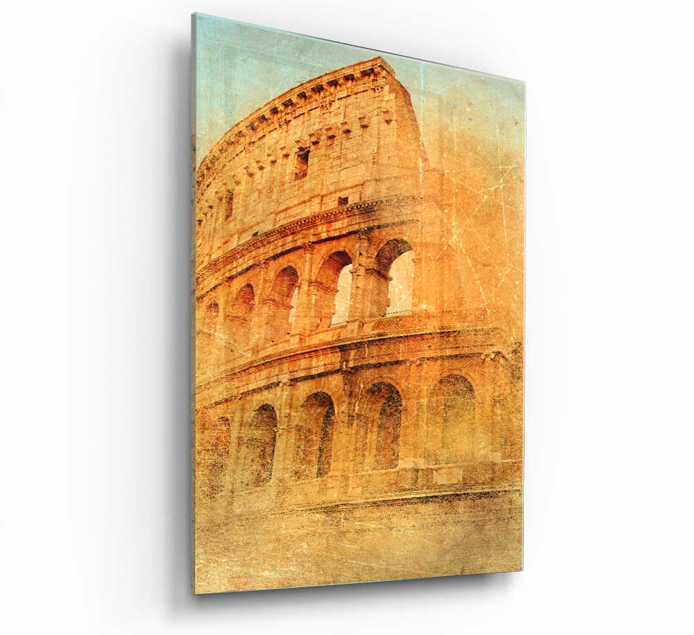 A modern glass print of the Ancient Colosseum, showcasing its architectural beauty and historical significance.