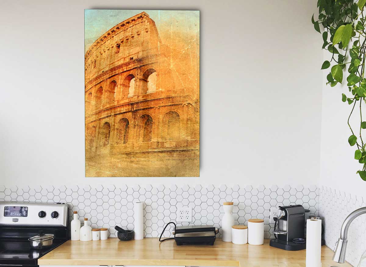 A modern glass print of the Ancient Colosseum, showcasing its architectural beauty and historical significance.