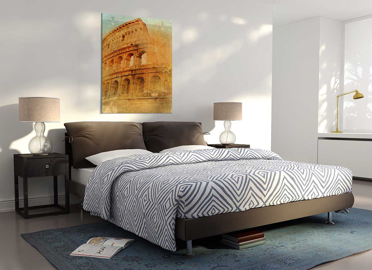 A modern glass print of the Ancient Colosseum, showcasing its architectural beauty and historical significance.