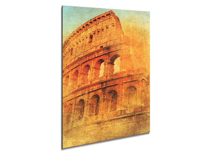 Artistic representation of the Ancient Colosseum printed on brushed aluminium dibond, showcasing intricate details and modern design.