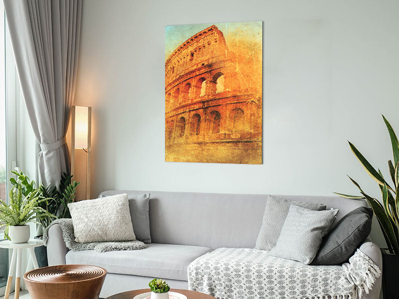 Artistic representation of the Ancient Colosseum printed on brushed aluminium dibond, showcasing intricate details and modern design.