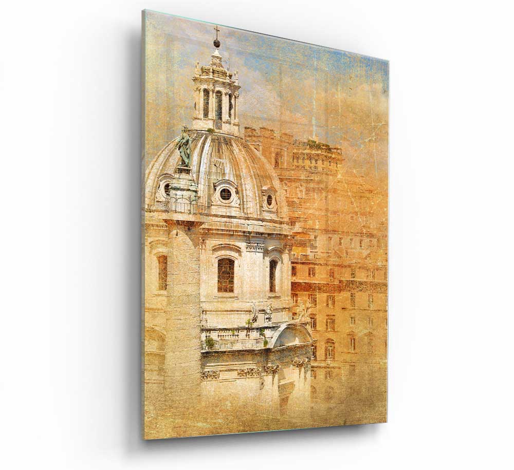 A modern glass print featuring the Ancient St Peters Basilica, showcasing its intricate architecture and vibrant colors.