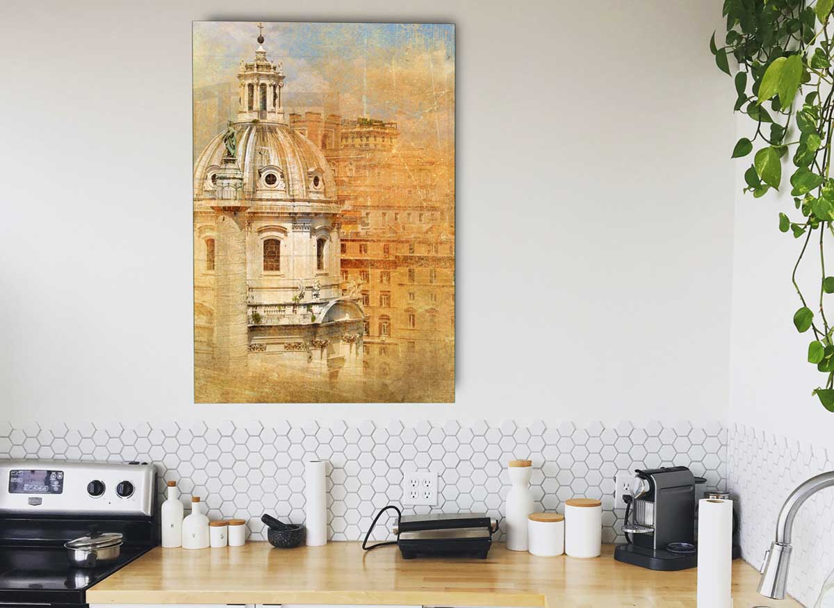 A modern glass print featuring the Ancient St Peters Basilica, showcasing its intricate architecture and vibrant colors.