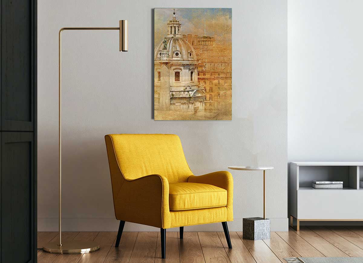 A modern glass print featuring the Ancient St Peters Basilica, showcasing its intricate architecture and vibrant colors.