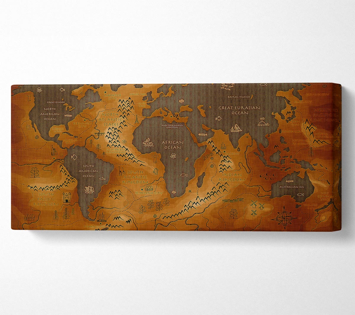 A beautifully detailed Ancient World Map canvas, showcasing historical cartography, mounted on a sturdy box frame, ready to hang.