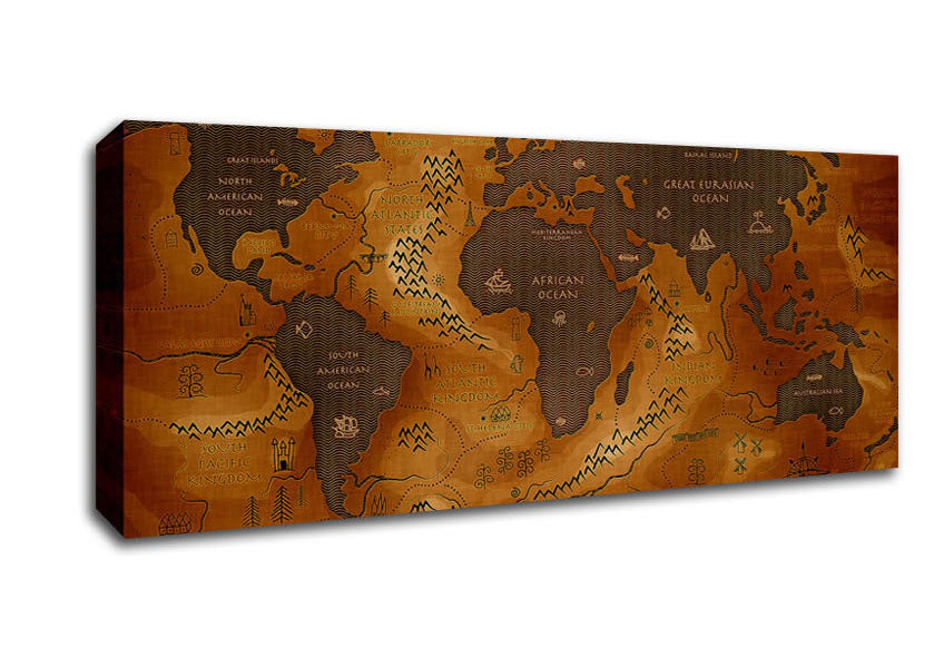 A beautifully detailed Ancient World Map canvas, showcasing historical cartography, mounted on a sturdy box frame, ready to hang.