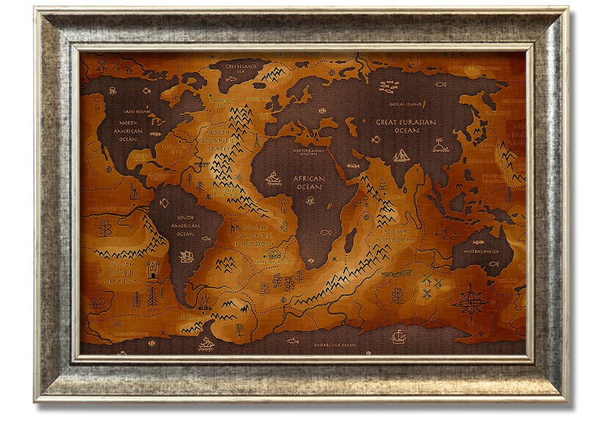 Framed Ancient World Map print showcasing detailed historical geography.