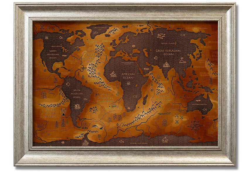 Framed Ancient World Map print showcasing detailed historical geography.