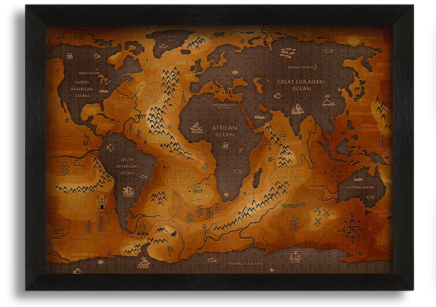 Framed Ancient World Map print showcasing detailed historical geography.