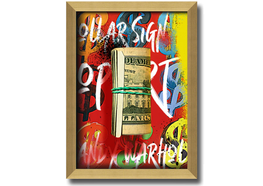 Andy Warhol Dollar Bill Rolled artwork on coated polyester canvas, framed in a 44mm box frame, ready to hang.