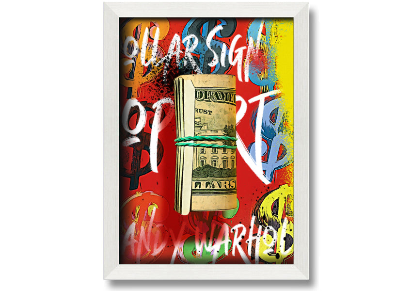 Andy Warhol Dollar Bill Rolled artwork on coated polyester canvas, framed in a 44mm box frame, ready to hang.