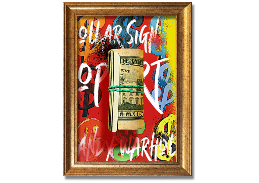 Andy Warhol Dollar Bill Rolled artwork on coated polyester canvas, framed in a 44mm box frame, ready to hang.