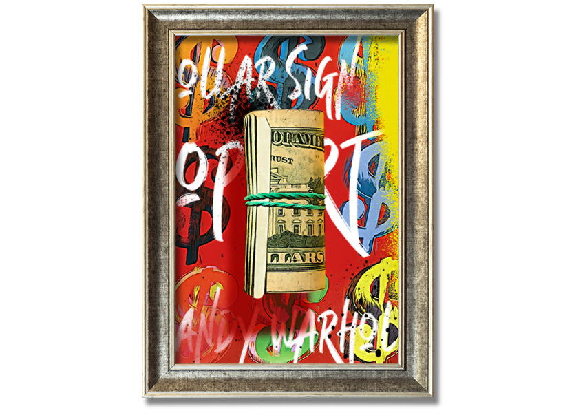 Andy Warhol Dollar Bill Rolled artwork on coated polyester canvas, framed in a 44mm box frame, ready to hang.